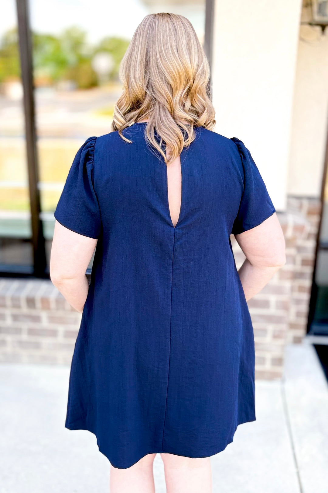 NAVY & WHITE BOW FRONT VNECK DRESS