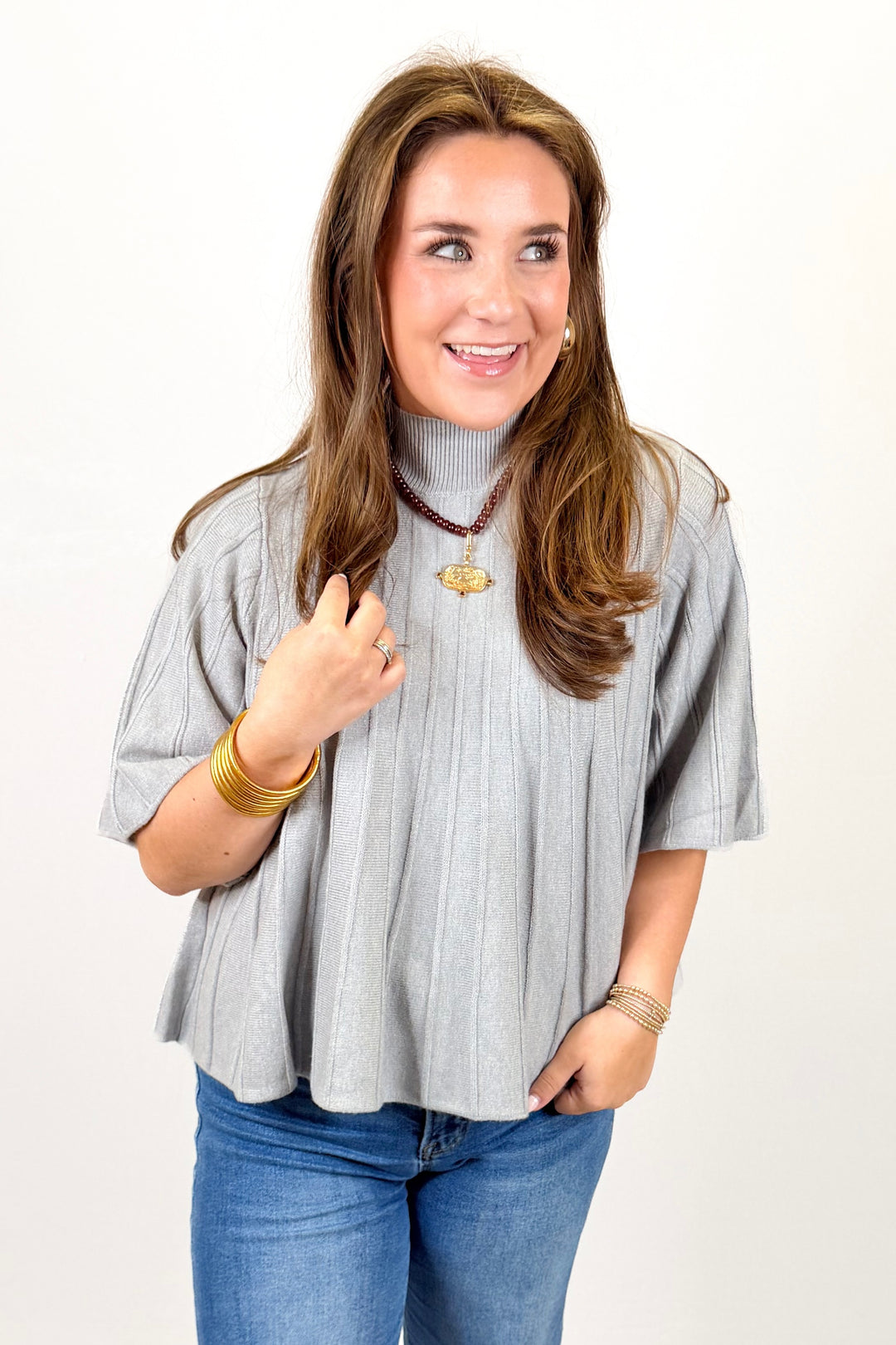 HEATHER GREY PLEATED MOCK NECK KNIT TOP
