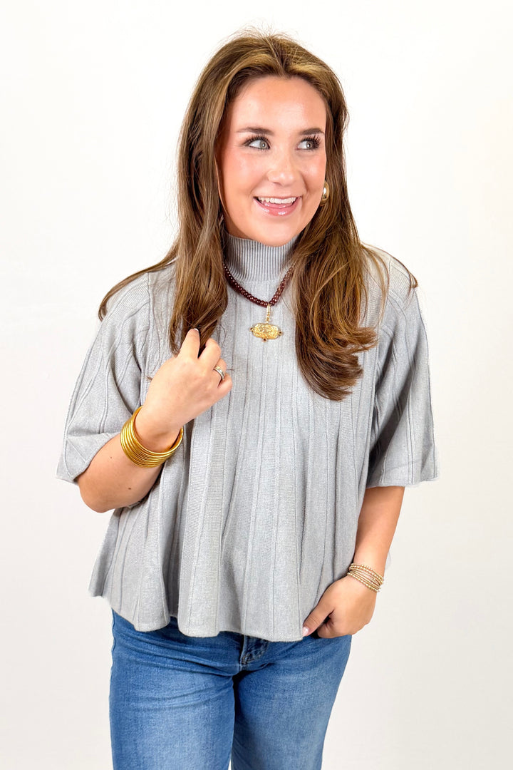 HEATHER GREY PLEATED MOCK NECK KNIT TOP