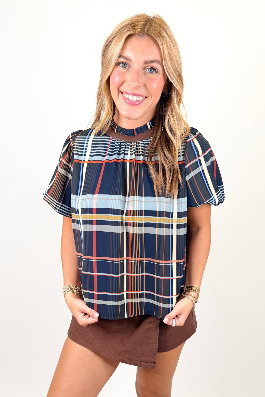 BLUE PLAID & LEATHER TRIM TOP