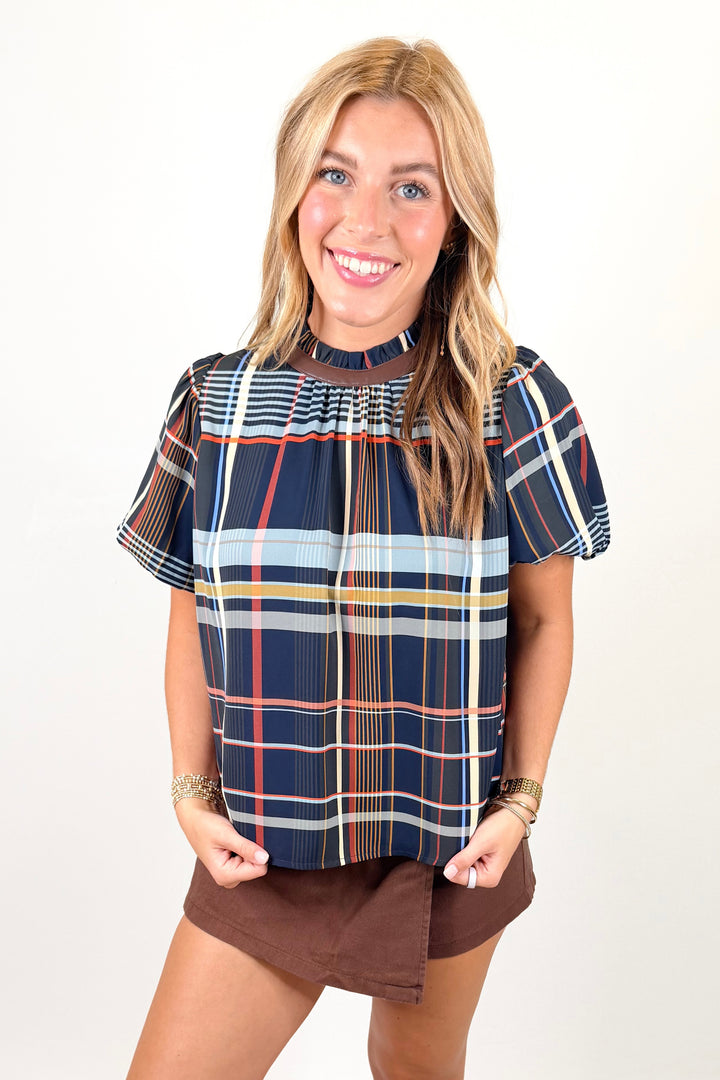 BLUE PLAID & LEATHER TRIM TOP