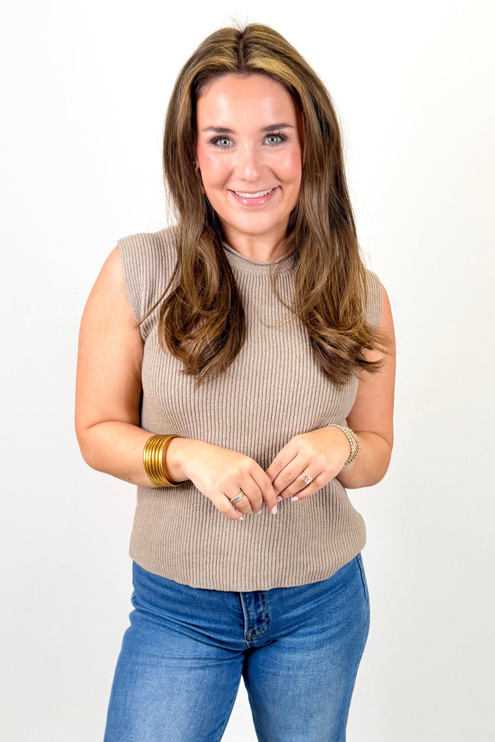 MOCHA RIBBED SLEEVELESS SWEATER