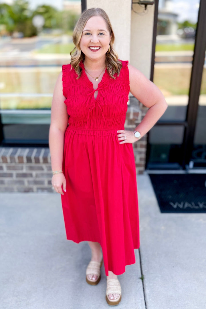 RED SLEEVELESS SMOCKED TIE FRONT MIDI DRESS