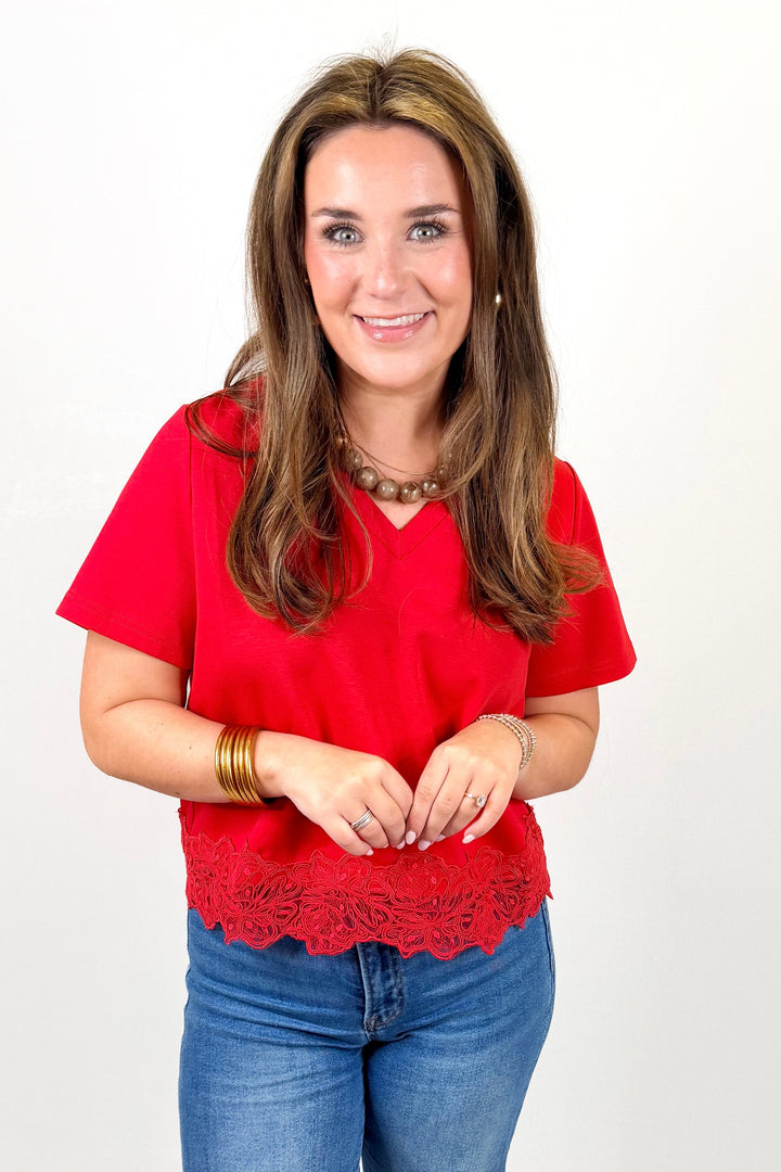 RED LACE HEM TOP