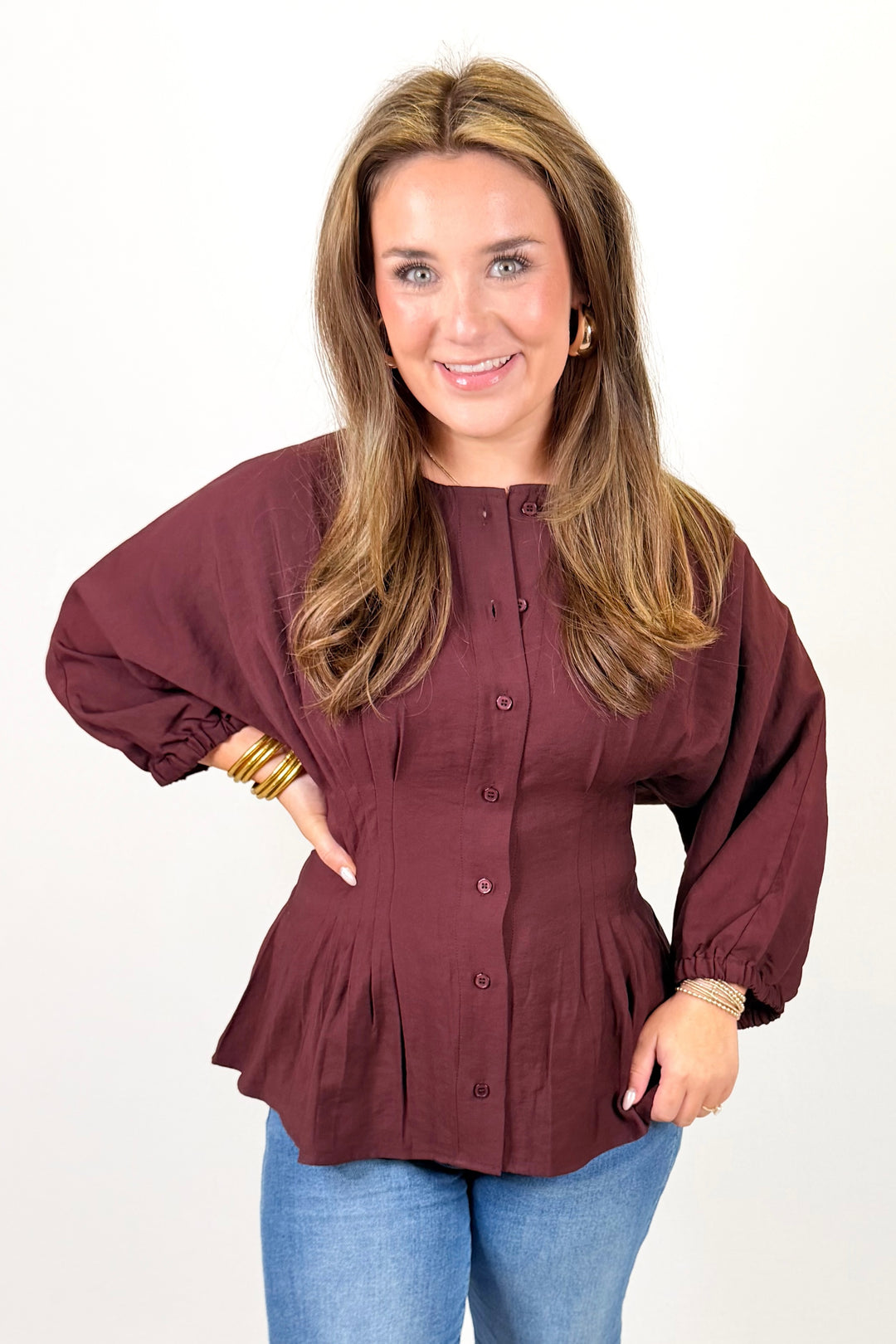 BURGUNDY TUCK PLEAT PEPLUM TOP