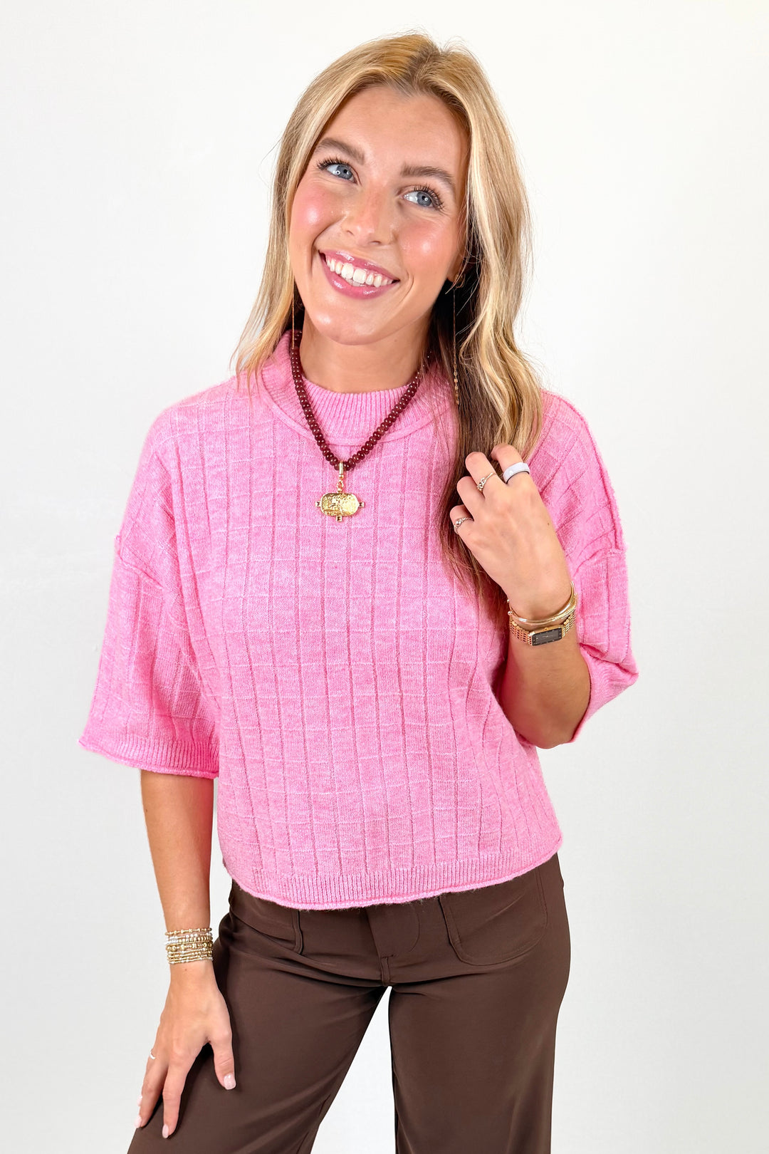 PINK GRID PATTERN HALF SWEATER