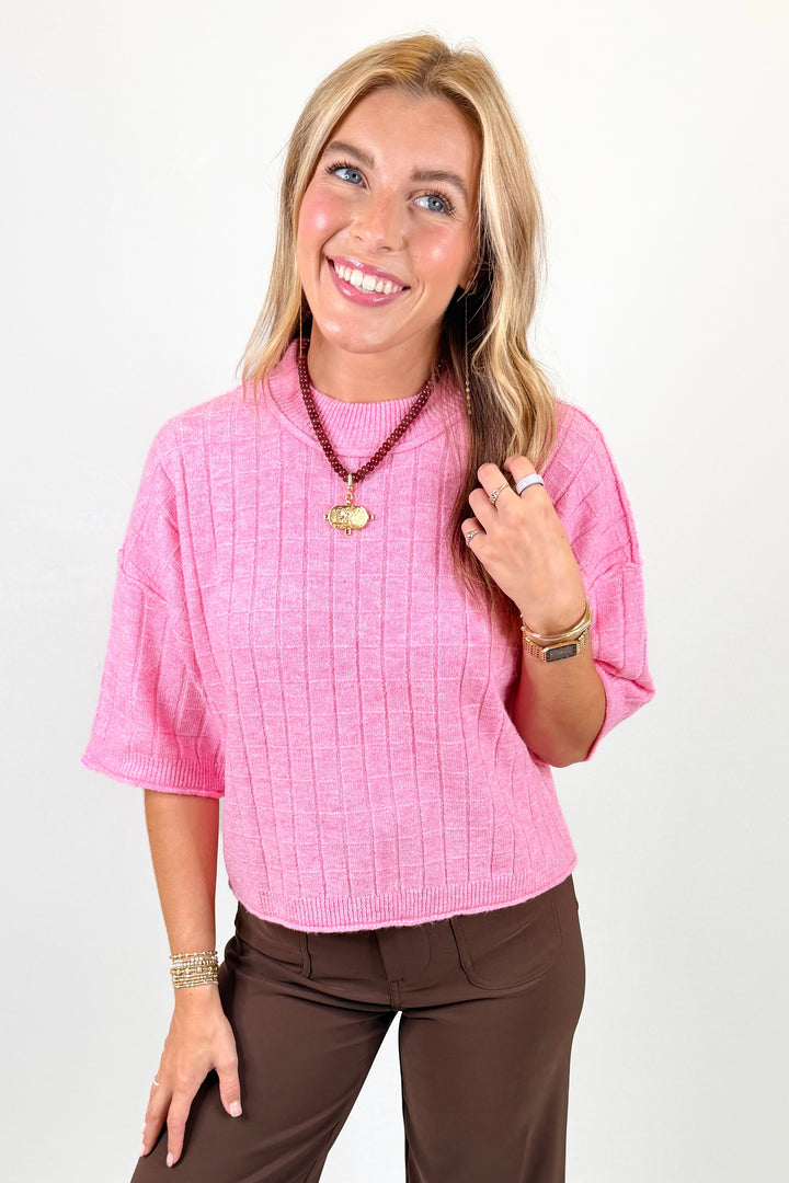 PINK GRID PATTERN HALF SWEATER