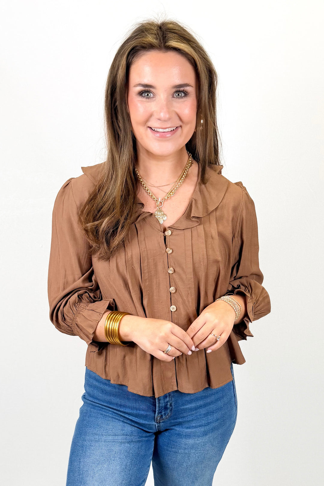 BROWN RUFFLED VNECK BUTTON DOWN 3/4 SLEEVE BLOUSE