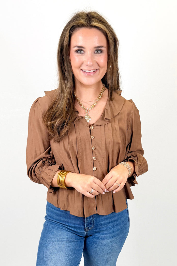 BROWN RUFFLED VNECK BUTTON DOWN 3/4 SLEEVE BLOUSE