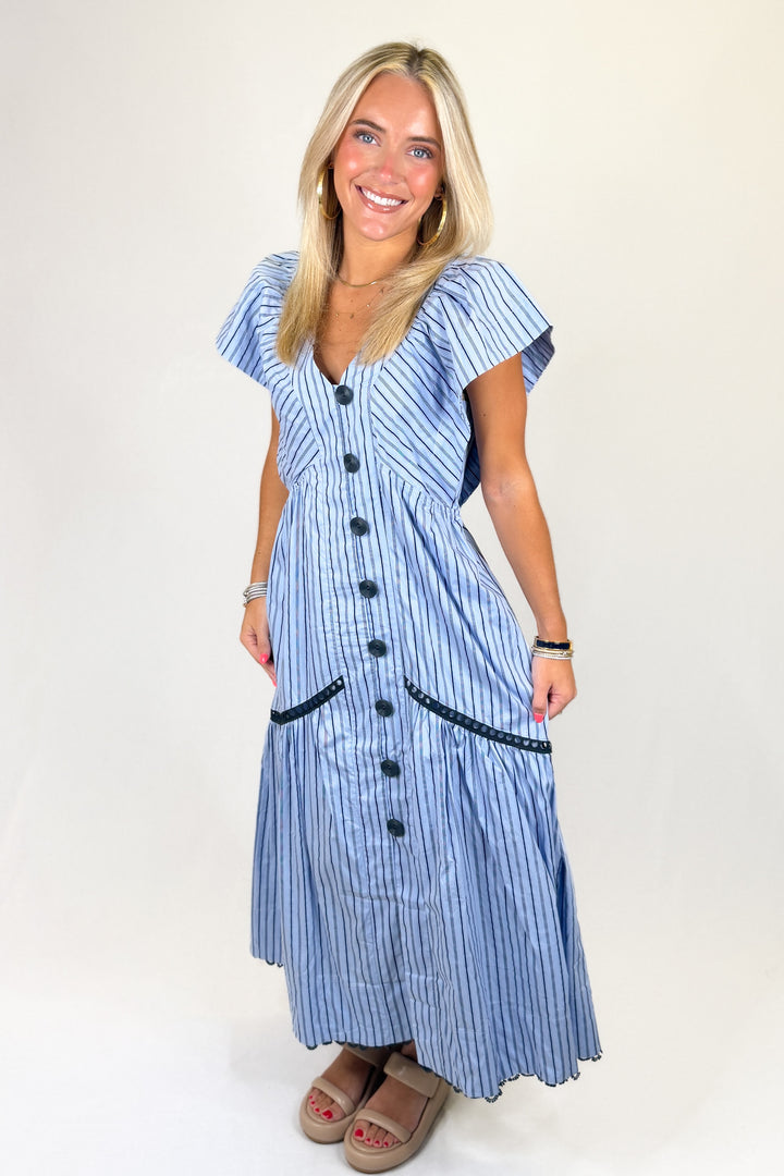Karlie: Blue Stripe Vneck Novelty Button Maxi Dress | Karlie