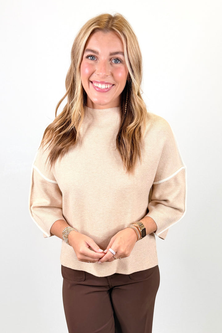 TAUPE 3/4 SLEEVE MOCK NECK SWEATER