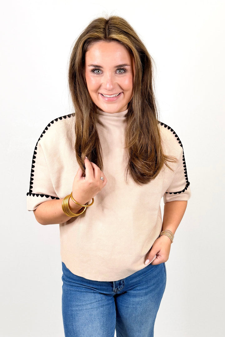 OATMEAL SCALLOP TRIM MOCK NECK SWEATER