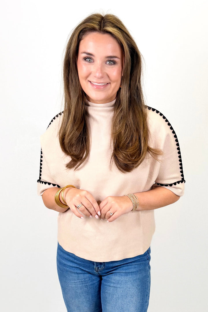 OATMEAL SCALLOP TRIM MOCK NECK SWEATER