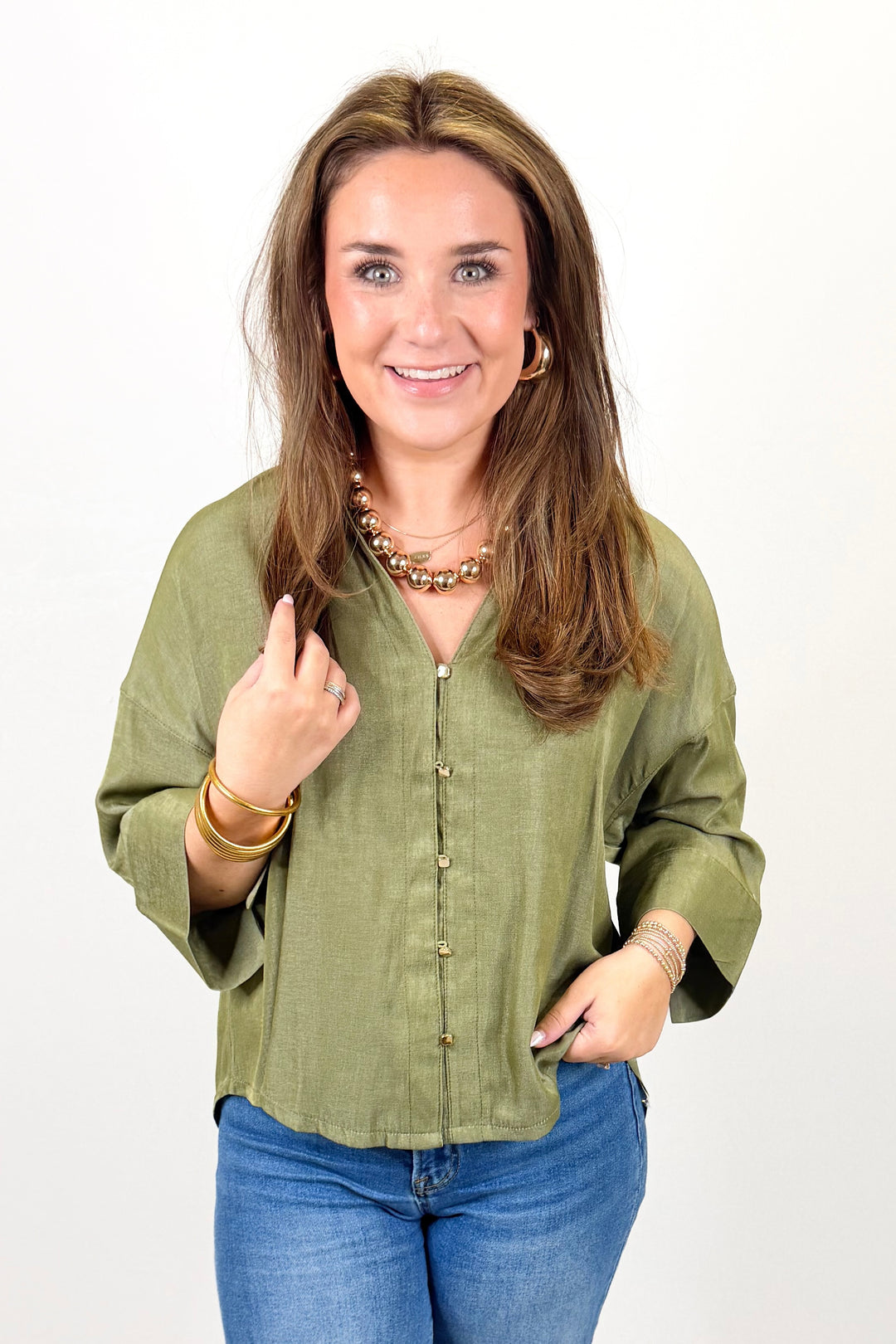 OLIVE BUTTON WIDE SLEEVE TOP