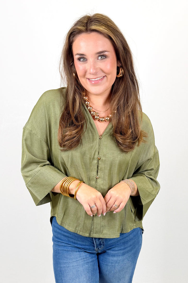 OLIVE BUTTON WIDE SLEEVE TOP
