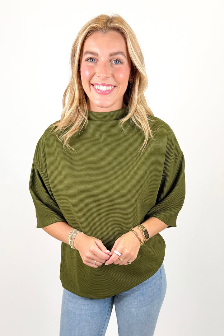 OLIVE RIBBED MOCK NECK SHORT SLEEVE TOP
