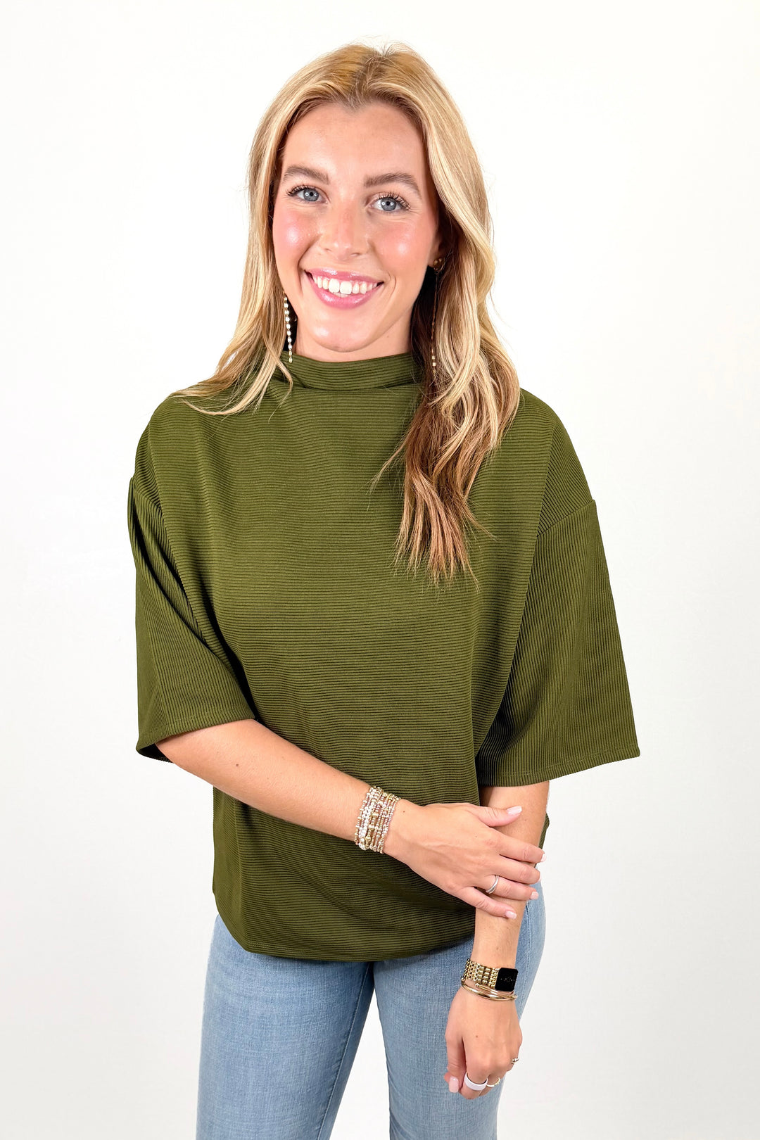 OLIVE RIBBED MOCK NECK SHORT SLEEVE TOP