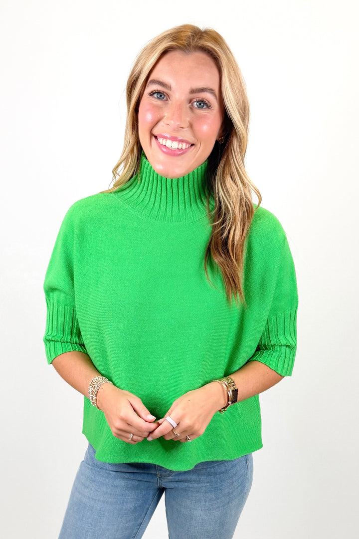 GREEN PLEATED SLEEVE MOCK NECK SWEATER