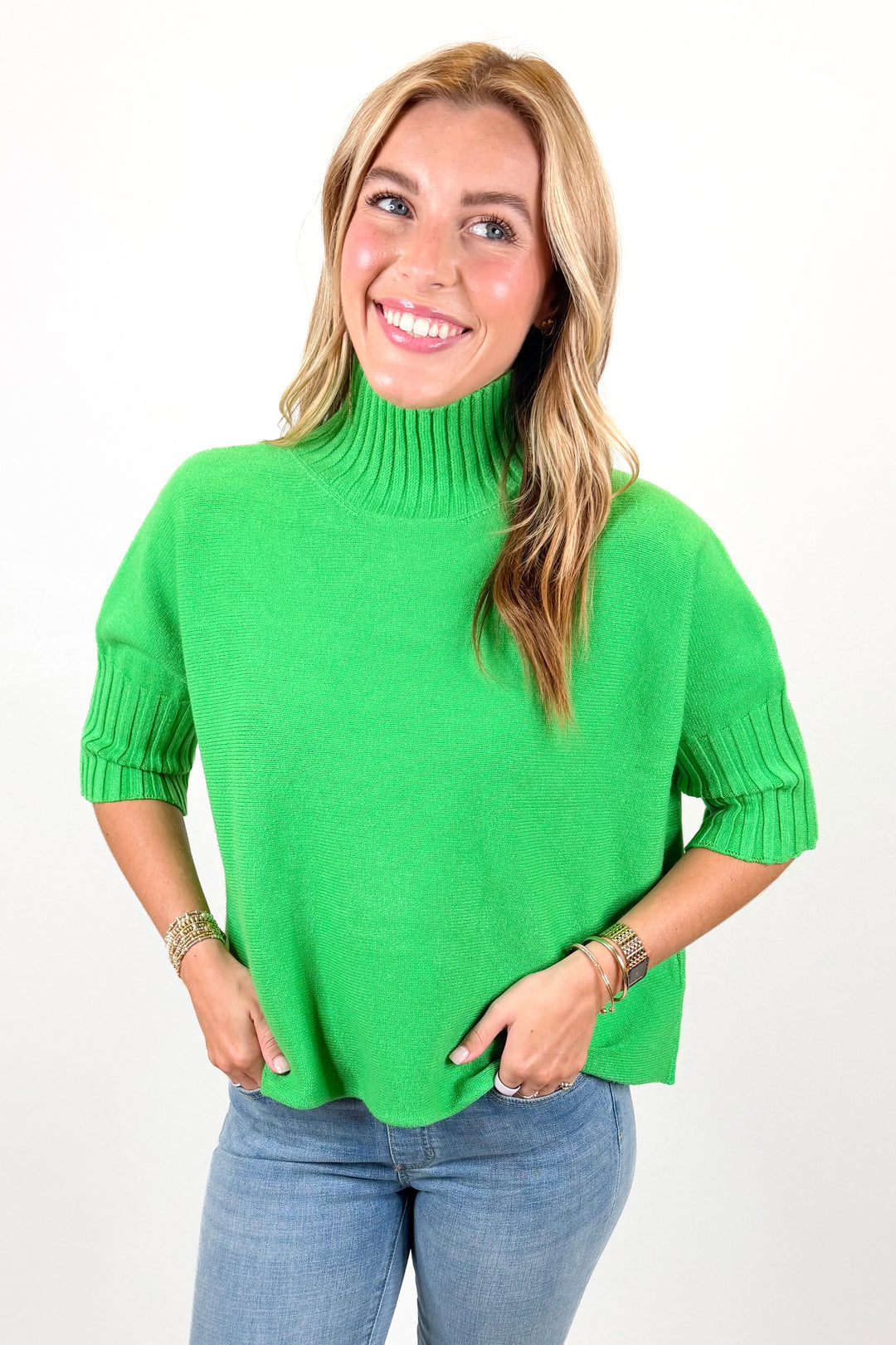 GREEN PLEATED SLEEVE MOCK NECK SWEATER