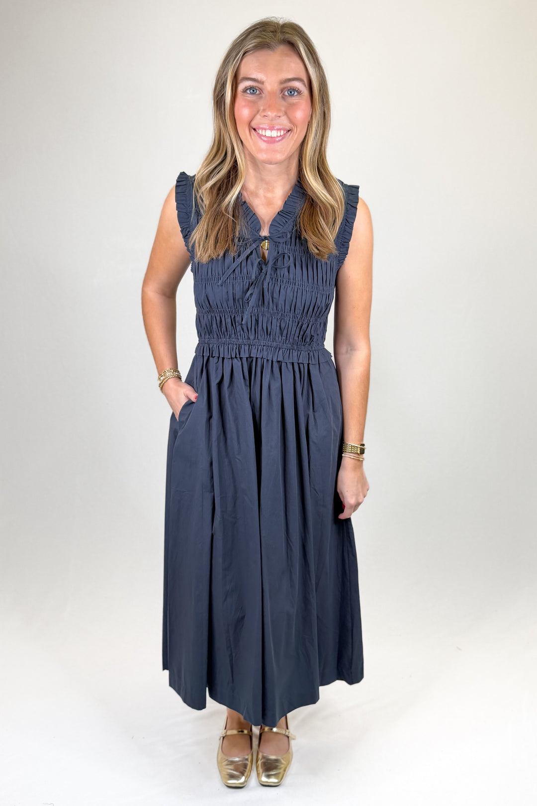 smocked sleeveless midi dress Fia Floral Cecil Smocked Sleeveless Midi Dress