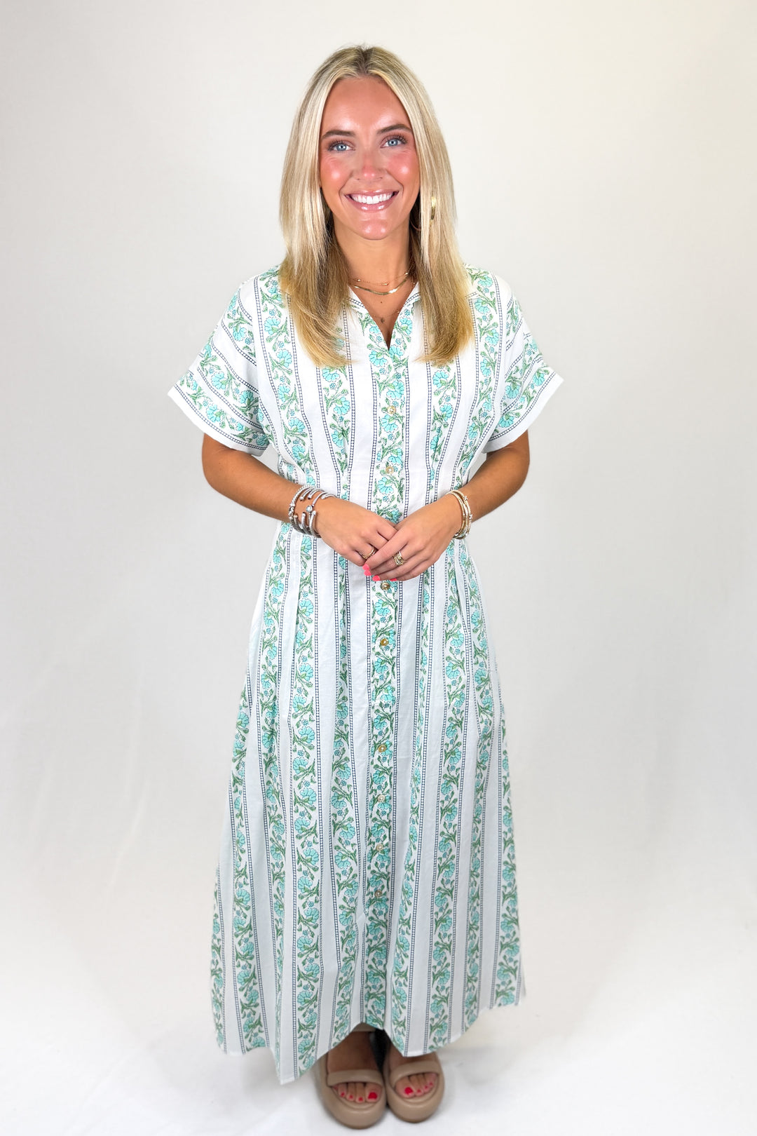 Green & White Block Print Stripe Button Collar Midi Dress | THML - Walker Boutique Walker Boutique Green & White Block Print Stripe Button Collar Midi Dress | THML - Walker Boutique Walker Boutique