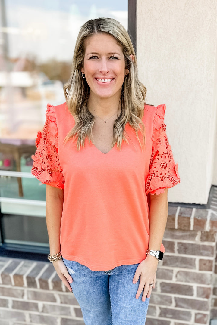 CORAL LACE PUFF SLEEVE TOP