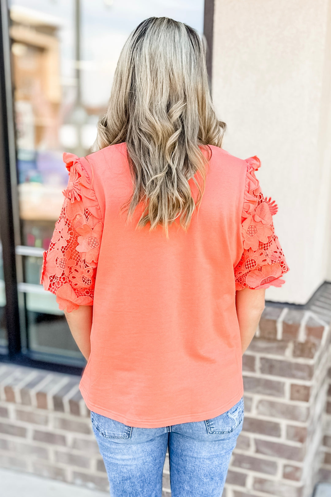 CORAL LACE PUFF SLEEVE TOP