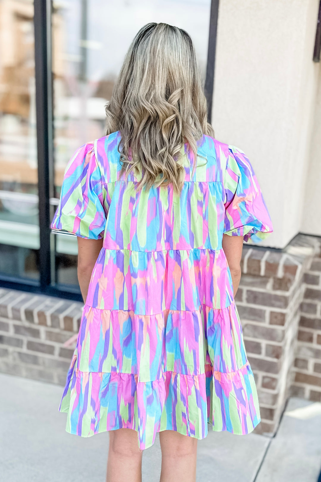 PASTEL WATERCOLOR PUFF SLEEVE BUTTON DRESS