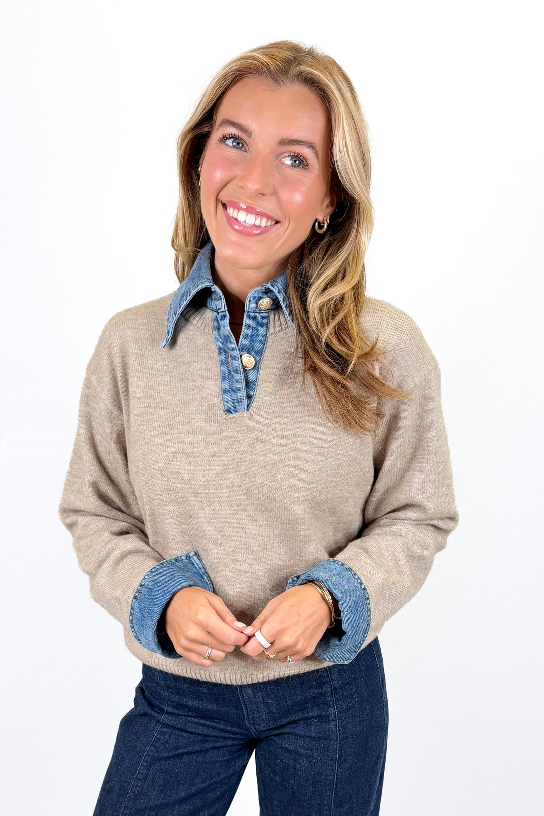 KARLIE: OATMEAL DENIM COLLAR SWEATER