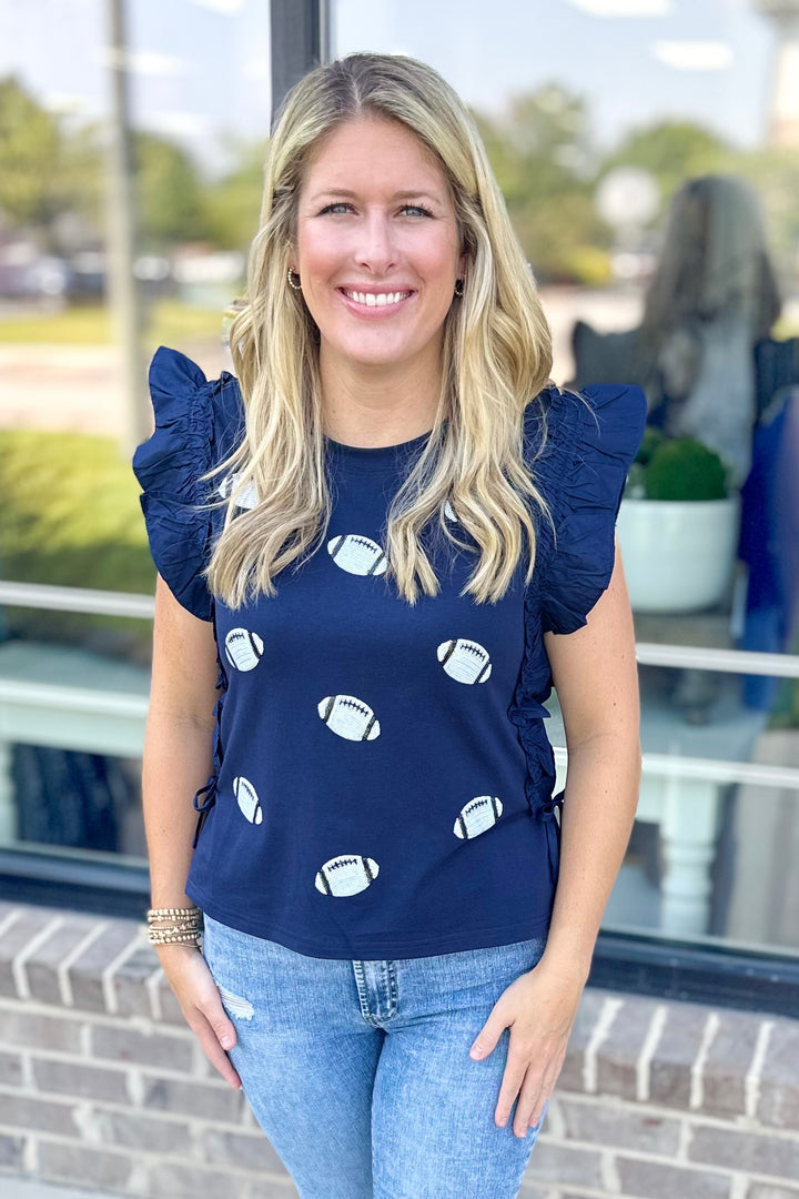 NAVY RUFFLE SEQUIN FOOTBALL TOP