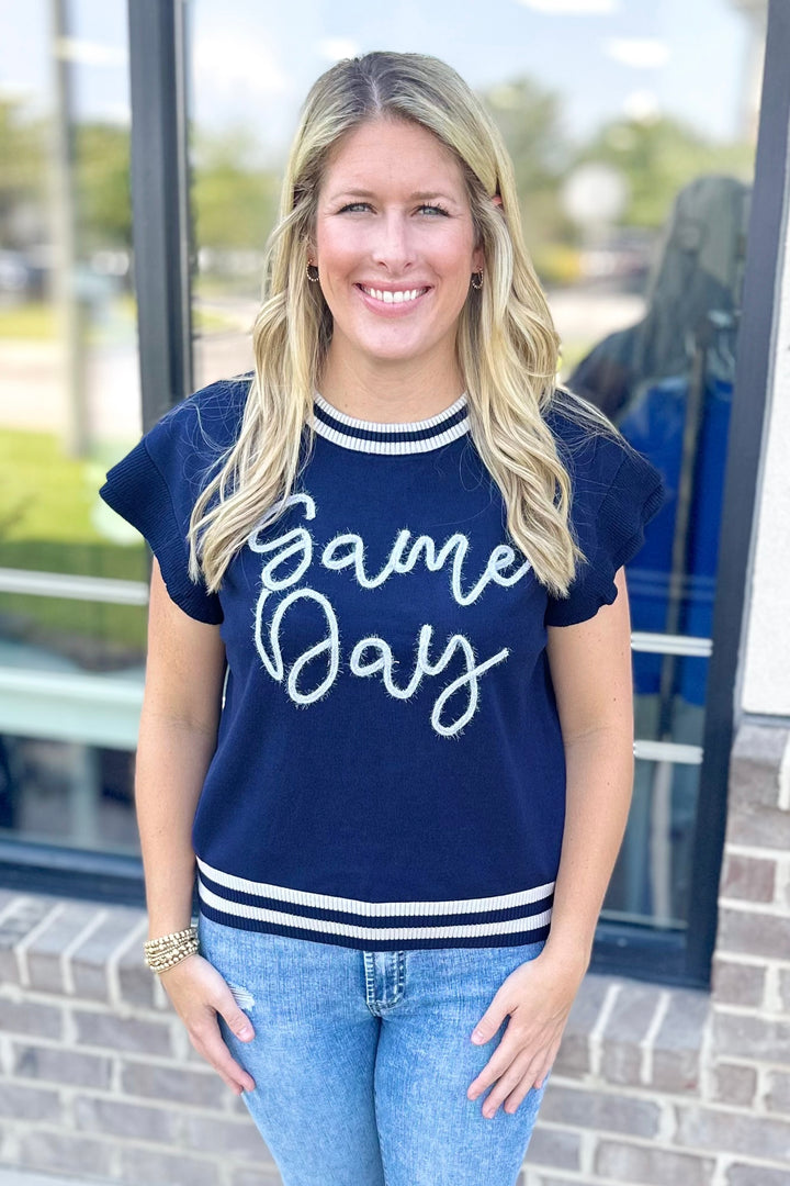 NAVY & SILVER GLITTER SCRIPT GAME DAY SLEEVELESS SWEATER