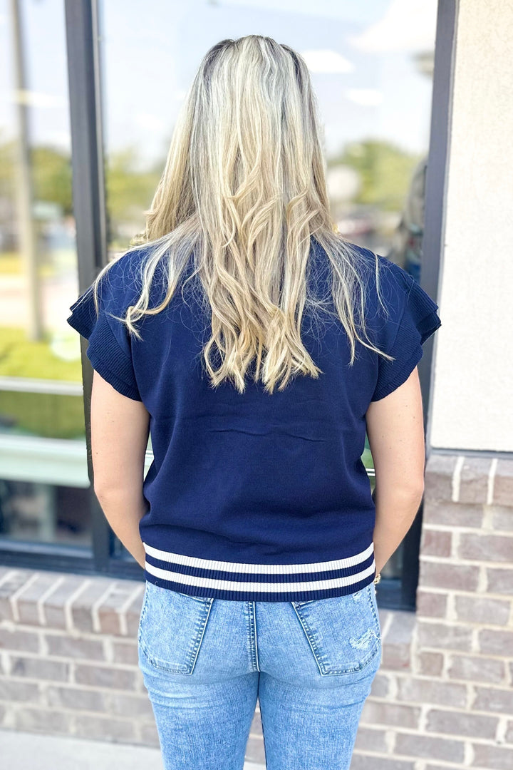 NAVY & SILVER GLITTER SCRIPT GAME DAY SLEEVELESS SWEATER