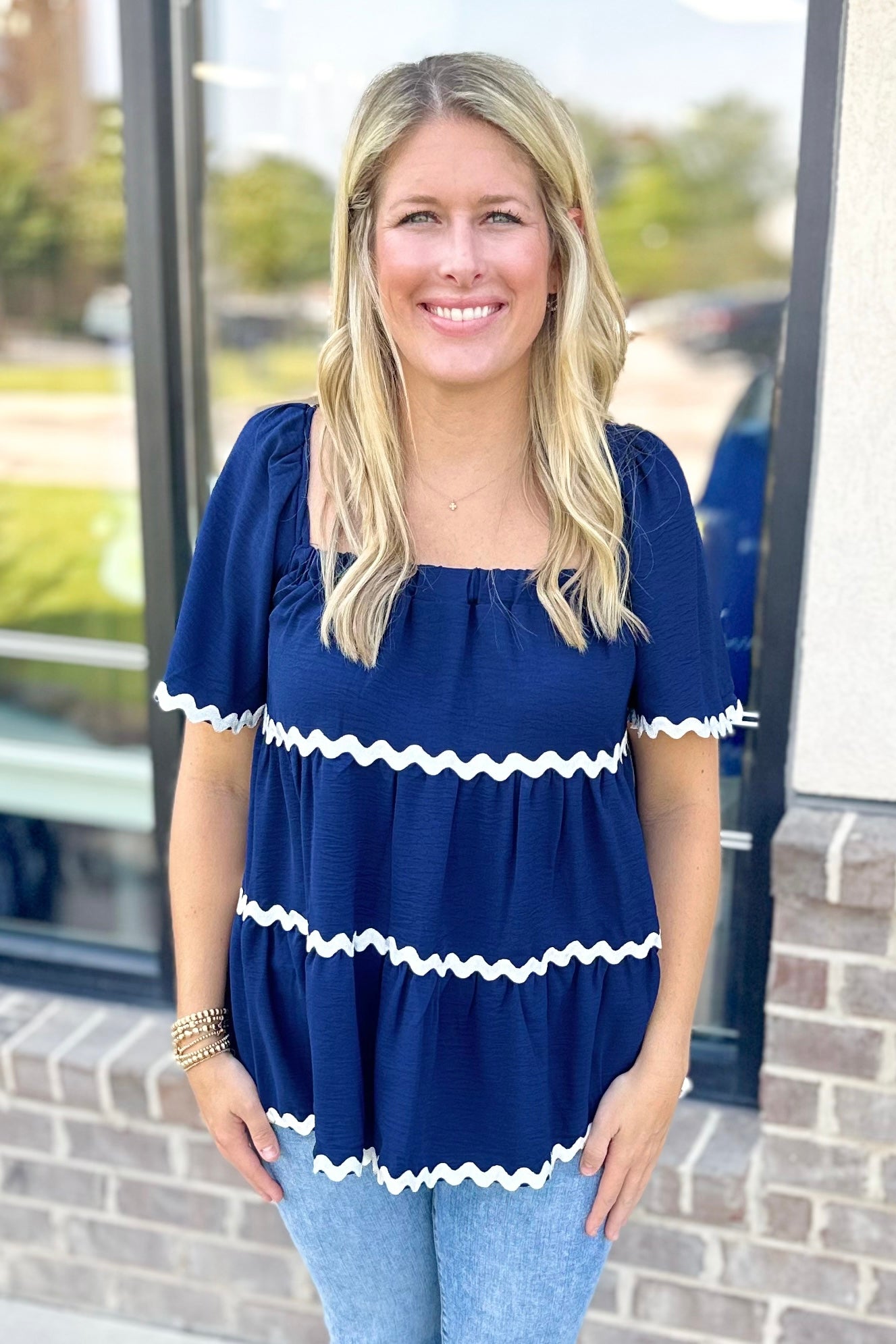 NAVY RIC RAC TRIM TIERED TOP – Walker Boutique