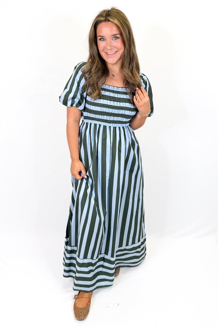 OLIVE & BLUE STRIPE SMOCKED MIDI DRESS