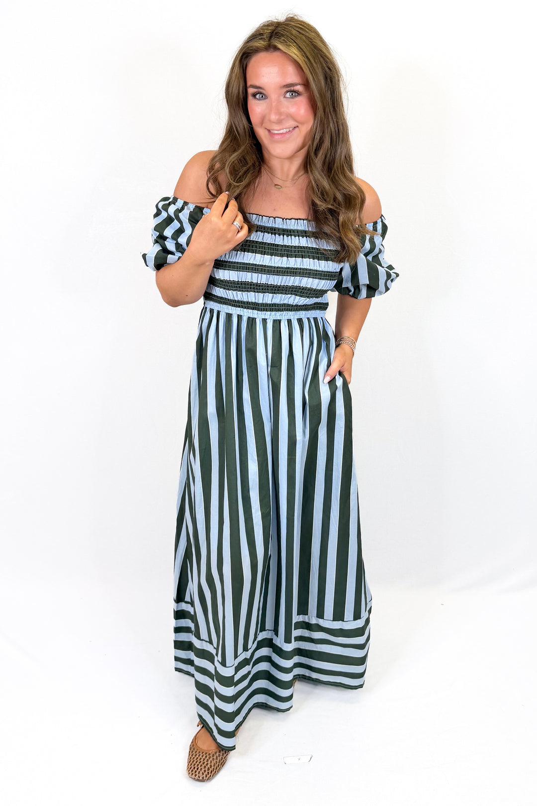 OLIVE & BLUE STRIPE SMOCKED MIDI DRESS