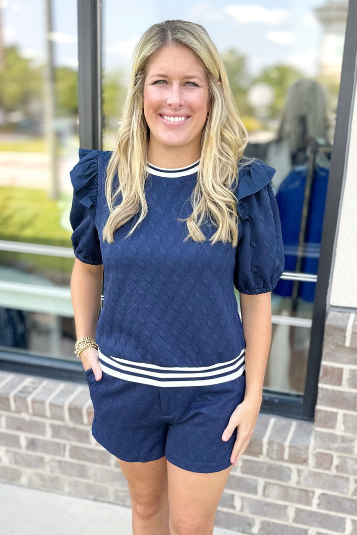 NAVY TEXTURE RUFFLE DETAIL SHORTS