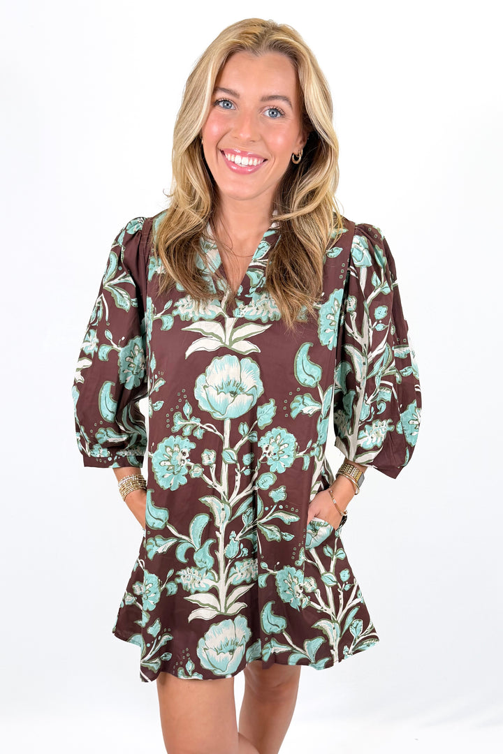 BROWN & BLUE FLORAL 3/4 SLEEVE DRESS