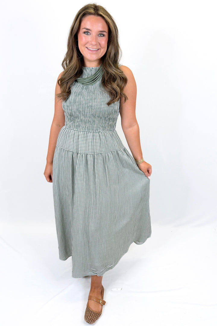 GREEN GINGHAM SMOCKED SLEEVELESS MIDI DRESS