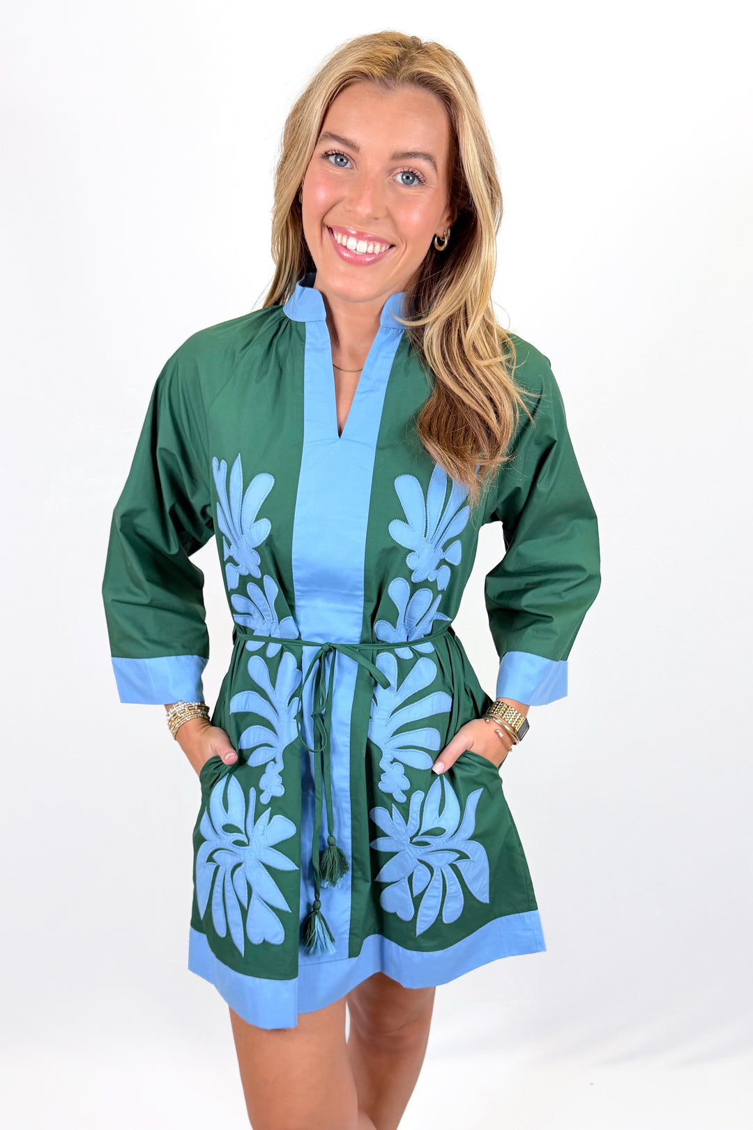 GREEN & BLUE APPLIQUE LONG SLEEVE DRESS