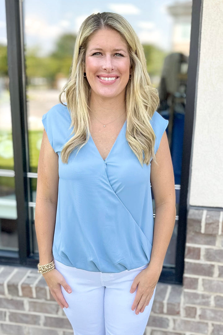 SLATE BLUE VNECK DRAPE FRONT TANK