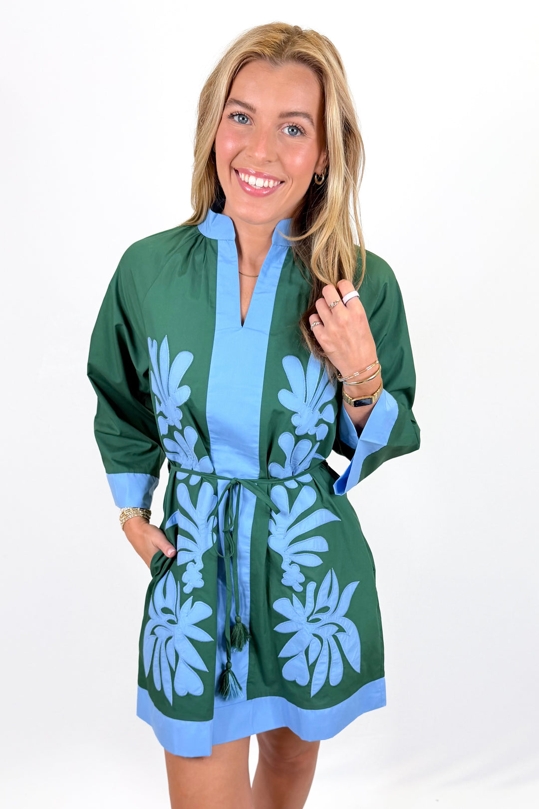 GREEN & BLUE APPLIQUE LONG SLEEVE DRESS
