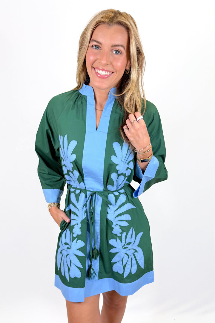 GREEN & BLUE APPLIQUE LONG SLEEVE DRESS