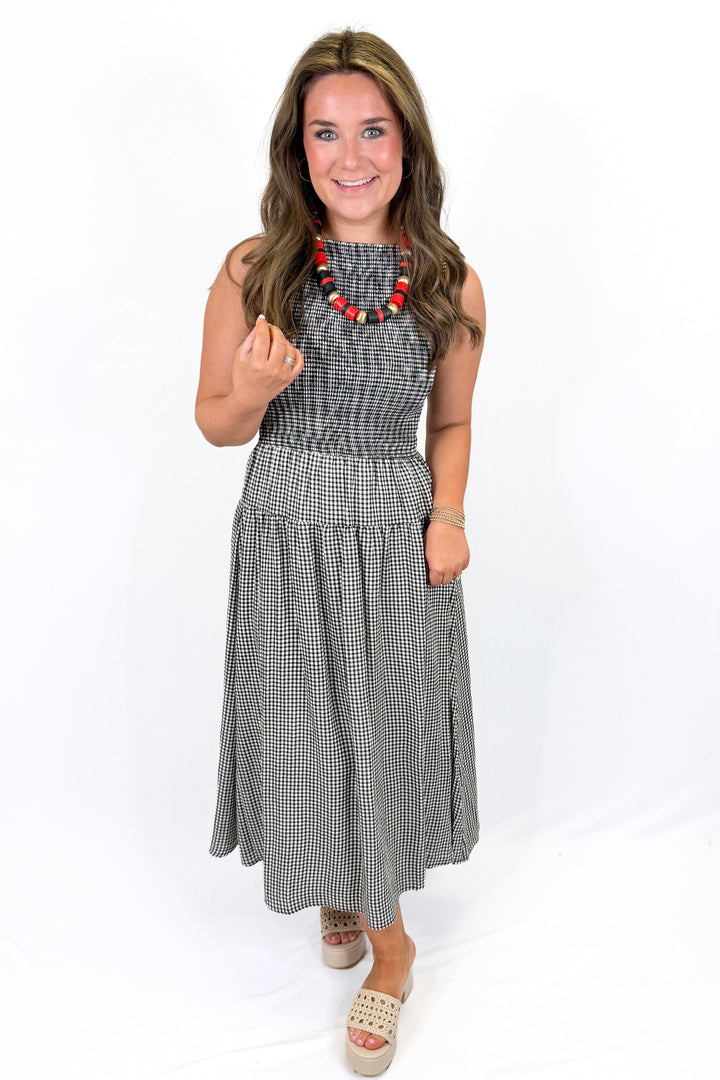 BLACK GINGHAM SMOCKED SLEEVELESS MIDI DRESS