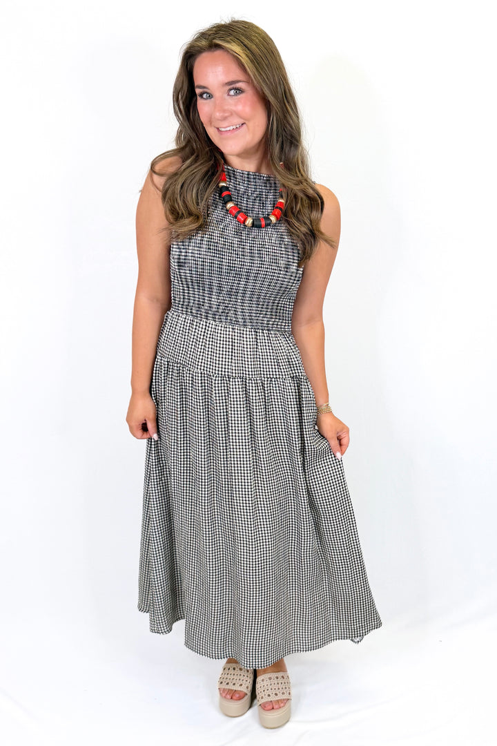 BLACK GINGHAM SMOCKED SLEEVELESS MIDI DRESS