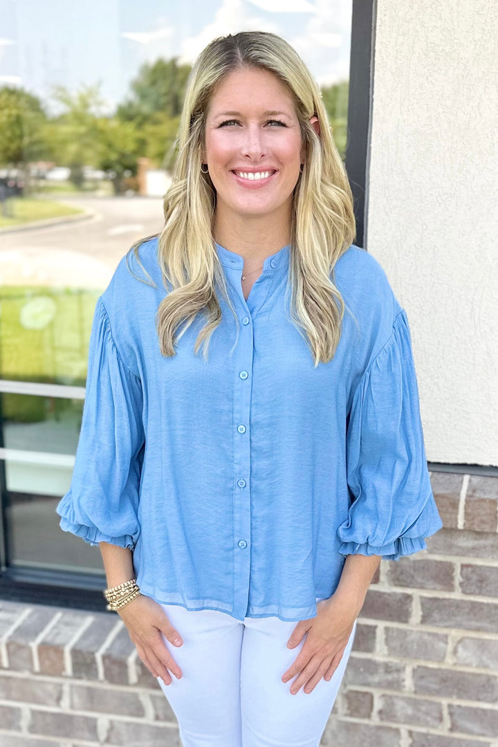 BABY BLUE PUFF SLEEVE BUTTON DOWN TOP