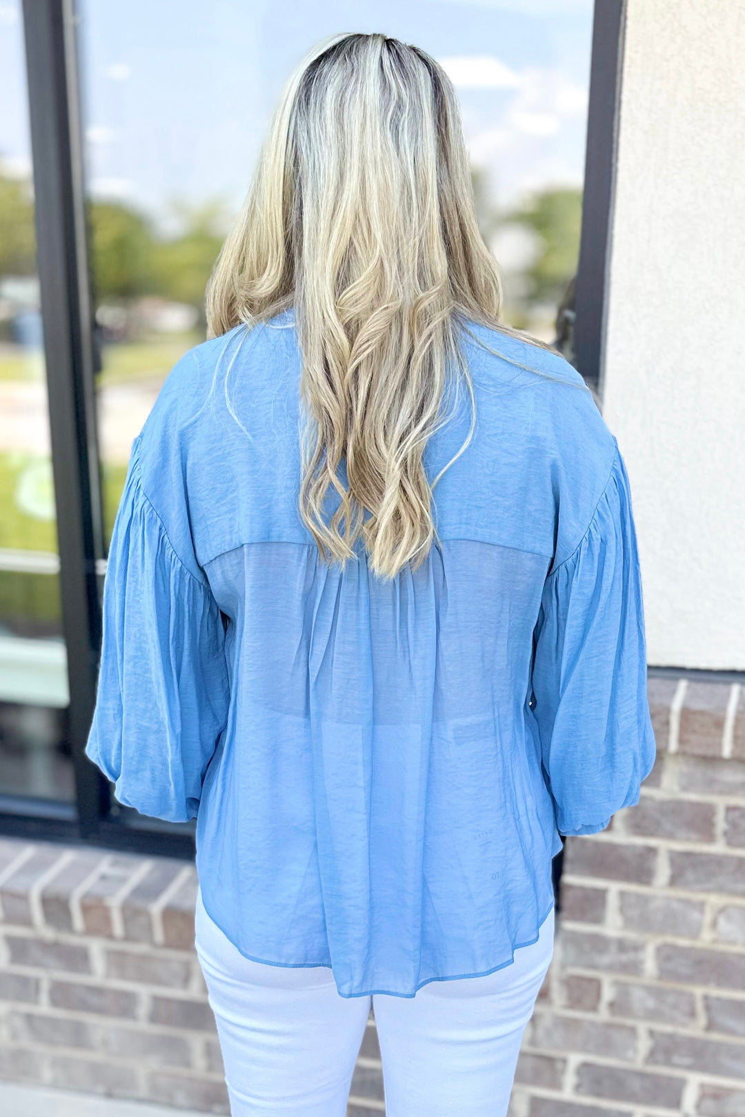 BABY BLUE PUFF SLEEVE BUTTON DOWN TOP