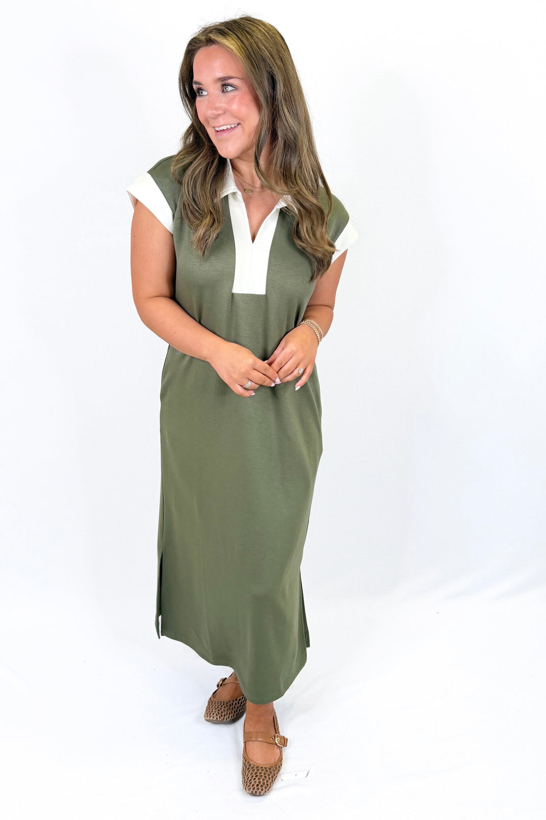 OLIVE CONTRAST TRIM MIDI DRESS