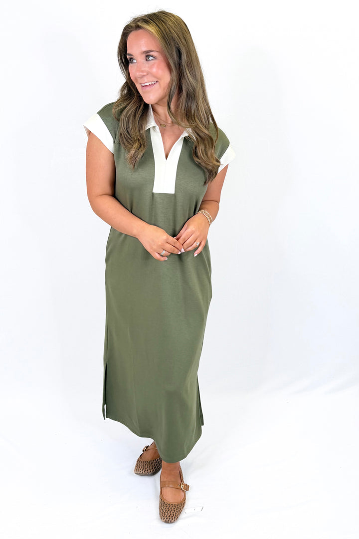 OLIVE CONTRAST TRIM MIDI DRESS