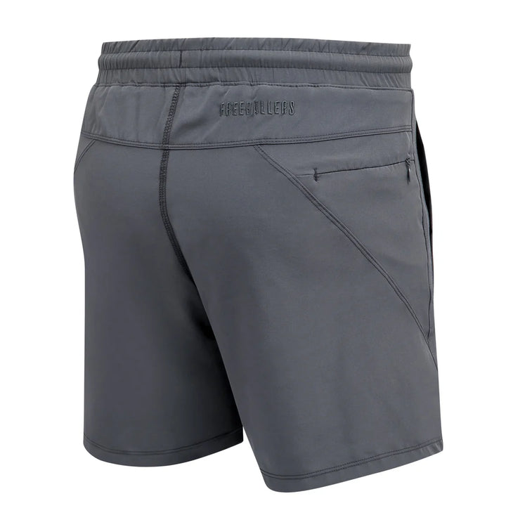 Gray athletic shorts with a brand logo on a white background