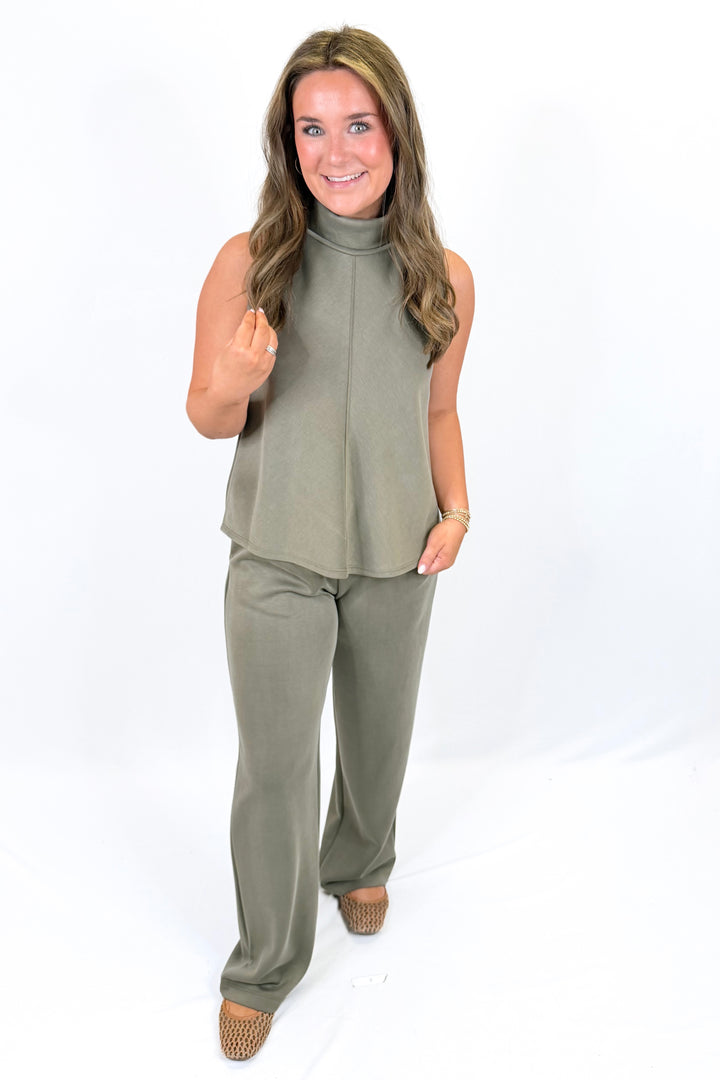 KARLIE: OLIVE SCUBA MOCK SLEEVELESS TOP & PANT SET
